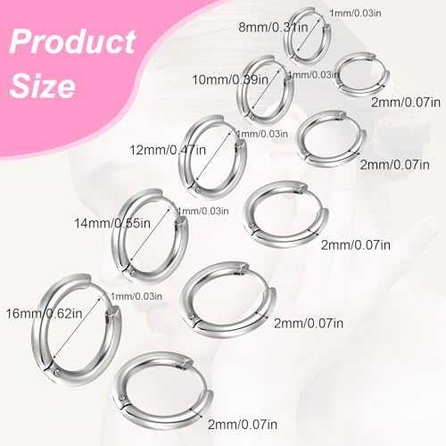 5 Pairs Solid Titanium Hoop Earrings Silver Small Stainless Steel Hoop Earrings 8mm 10mm 12mm 14mm 16mm Huggie Earring Hoops for Women Men