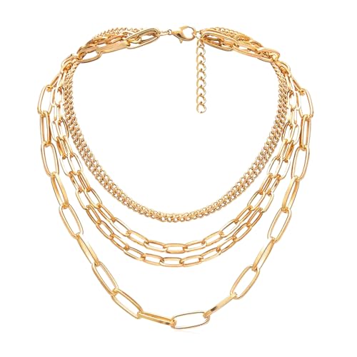 Layered Chain Necklaces for women 18 Inch Gold Plated Paperclip Chain Silver Tone Choker Necklace Rope Ball Chains Punk Jewelry - style: Gold 5-layer Chains