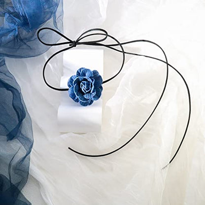 Black Choker Camellia Flower Lace-up Necklace For Women - color: Denim flower