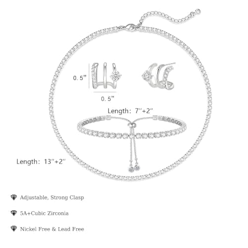 Luxval Tennis Necklace Set for Women Tennis Bracelets Diamond Earrings Sterling Silver Necklace Wedding Jewelry for Bride Silver Jewelry Sets for Women Gift - color: Silver-Illusion Stud Tennis Sets