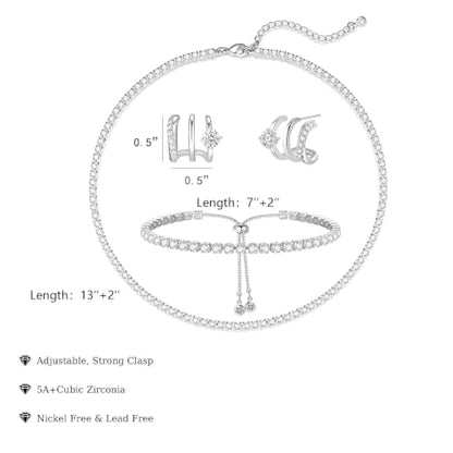 Luxval Tennis Necklace Set for Women Tennis Bracelets Diamond Earrings Sterling Silver Necklace Wedding Jewelry for Bride Silver Jewelry Sets for Women Gift - color: Silver-Illusion Stud Tennis Sets