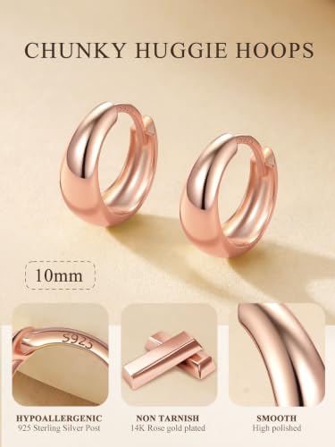 Bestyle Gold Huggies Earrings for Women Hypoallergenic 925 Sterling Silver Post Huggie Hoop Earrings Thick Lightweight Small Hoop Earrings 8/10/12/14mm - color: Rose Gold, size: 10mm