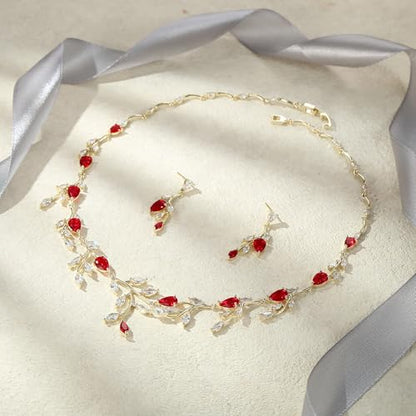 Cubic Zirconia Leaf Vine Wedding Jewelry Set for Bride Women Bridesmaid | Pear-Shaped Birthstone, Necklace Dangle Earrings for Bridesmaid, Silver-Plated-Brass - color: 2pcs_Red Gold-Plated-Brass