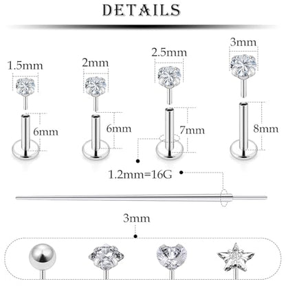 20G 18G 16G Nose Rings Studs 316L Surgical Steel Flat Back Threadless Push in Nose Studs Screw L-Shaped Nose Rings Tragus Cartilage Helix Earrings Piercing Jewelry for Women Men - color: 16G-6/7/8mm Bars-1.5/2/2.5/3mm CZ