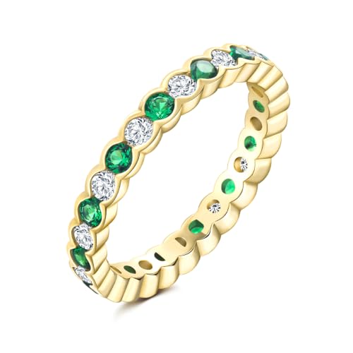 2.2mm Thin Stackable Full Eternity Rings for Women 14K Gold Plated | Cubic Zirconia/Emearld/Ruby/Sapphire Wedding Promise Band Ring for Her Valentines Anniversary Size 6-10 - color: A-CZ/Emerald
