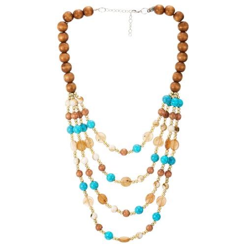 COOLSTEELANDBEYOND Boho Multi-Layer Beaded Necklace, Wooden and Gemstone Beads, Statement Necklace, Waterfall - color: A-Color: Brown & Blue