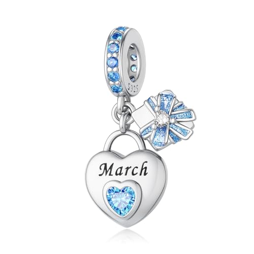 925 Sterling Silver Birthstone Charms Fit for Bracelet and Necklace Happy Birthday Charm Mother's Day Jewelry Gift for Women - color: 3March