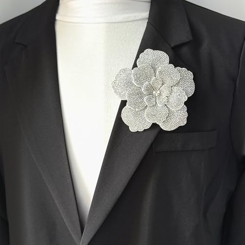 Rhinestone Flower Brooch Pin for Women Men Elegant Sparkly Crystal Camellia Floral Lapel Pins Shawl Dress Suit Clothes Accessories Wedding Party Fashion Jewelry 105mm - color: White