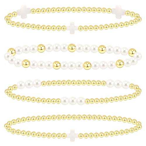 14K Gold Plated Stackable Beaded Bracelets for Women - 4Pcs Cross & Pearl Stretch Bracelet Stack, Waterproof Gold Beaded & Pearl Bracelet Set