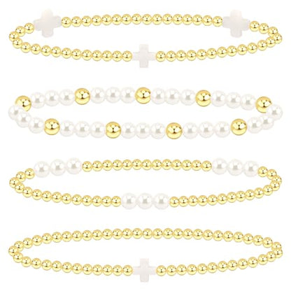 14K Gold Plated Stackable Beaded Bracelets for Women - 4Pcs Cross & Pearl Stretch Bracelet Stack, Waterproof Gold Beaded & Pearl Bracelet Set