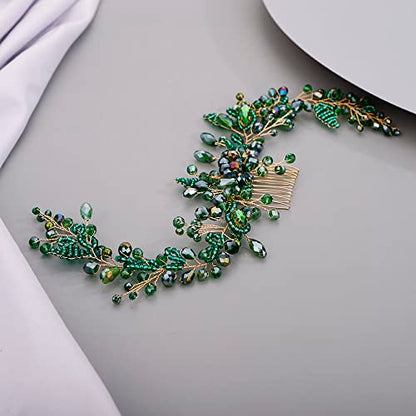 Chargances Wedding Crystal Beaded Hair Vine Comb Bridal Long Pearl Leaf Hair Vine Comb Green Rhinetone Handmade Headpiece Hair Accessories for Wedding Prom Flower Girl (Green) - color: Green