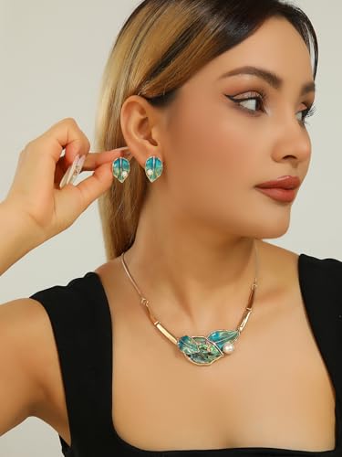 Chunky Statement Jewelry Set Blue Ocean Seashell Choker Necklaces Earrings Set for Women Pearl Bib Collar Necklaces for Party Prom Pageant Summer Fashion Jewelry Unique Birthday Gift - style: leaf abalone shell pearl gold blue