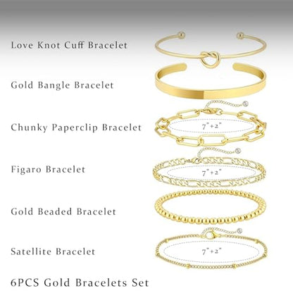 HERIER Gold Bracelets for Women 18k Gold Plated Bracelet Stack Bangle Cuff Bracelet Set for Women Non Tarnish Beaded/Paperclip/Cuban Link Chain Bracelets Jewelry for Women Trendy - style: Bangles Bracelets Set-Gold