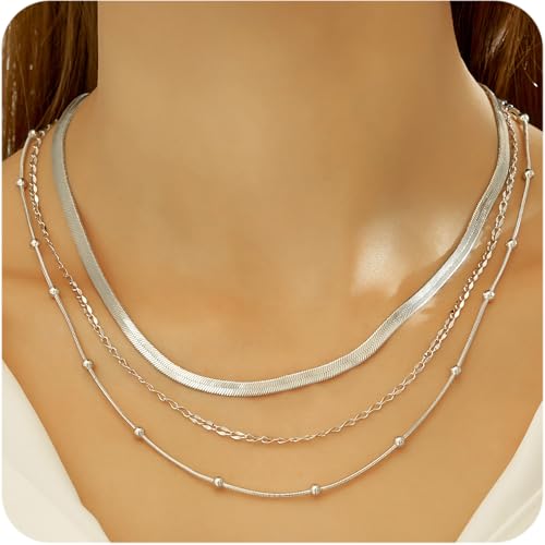 wgoud Gold Necklace for Women Waterproof,14K Real Gold Plated Herringbone Choker Necklace for Women Trendy, Dainty Gold Chain Necklaces Stack,Simple Layered Gold Necklaces for Women Jewelry Gifts - color: 3Pcs Silver Necklace B