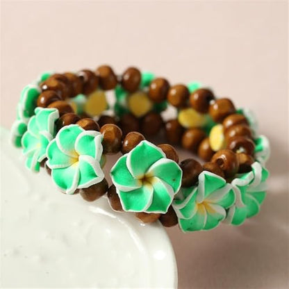 Hawaiian Plumeria Rubra Wooden Beaded Bracelet for Women Boho Polymer Clay Plumeria Flower Stretch Bracelet Summer Beach Jewelry - color: Green