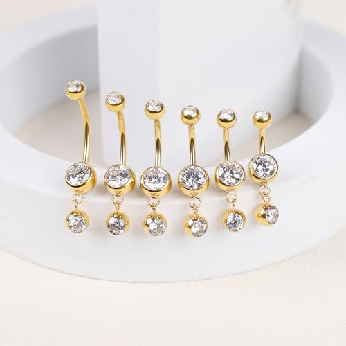 REVOLIA 14G G23 Pure Titanium Dangle Belly Button Rings for Women Hypoallergenic Dangling Navel Rings Internally Threaded Belly Rings for Sensitive Skin CZ Barbell Belly Button Piercing Jewelry 6-16mm - color: Gold