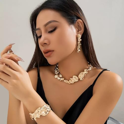 3 Pcs Metal Big Open Choker Necklace Bracelet Earrings for Women Adjustable Gold Baroque Pearl Choker Necklaces Round Necklace Suitable for Party ummer Beach Bead Body Chain Jewelry，Mother’s Day, Birthday, Bridesmaid, Graduation, Wedding