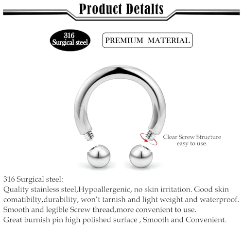 20G-00G Septum Rings horseshoes Nose Rings Hoops 316L Surgical Steel Snake Bites Lip Nipple Ring Cartilage Tragus Helix Rook Conch Daith Earrings Pa Piercing Jewelry for Women Men - style: 14G(1.6mm)-Dia:16mm