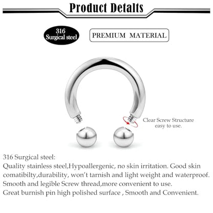 20G-00G Septum Rings horseshoes Nose Rings Hoops 316L Surgical Steel Snake Bites Lip Nipple Ring Cartilage Tragus Helix Rook Conch Daith Earrings Pa Piercing Jewelry for Women Men - style: 14G(1.6mm)-Dia:16mm