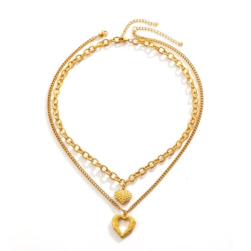 Angel Wings Loving Heart 14K Gold Plated Necklace Personality Hollow Heart Pendant Double-Deck Two Lobster Clasp Adjustable Extender - style: 14 Gold Angel Wings+Loving Heart