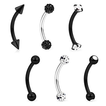 6-12 Pcs 16G Stainless Steel Eyebrow Piercing Rings Clear CZ Curved Barbell Helix Daith Piercing Body Jewelry for Women Men - style: 5/16"(8mm) black