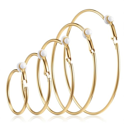 5 Pairs Stainless Steel Clip on Earrings Hoop Stylish Simple Hoop Earrings 30/40/50/60/70mm for Women Thin Lightweight Dangle Set,(Gold)