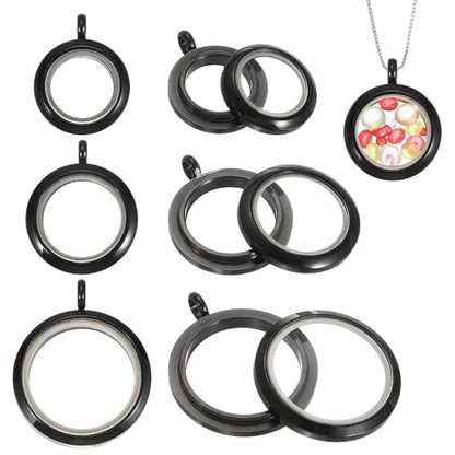 MECCANIXITY Living Memory Locket Charm, Round Floating Locket Pendants Stainless Steel Clear Glass Photo Charm - color: Black, size: 12.7/18/23 mm