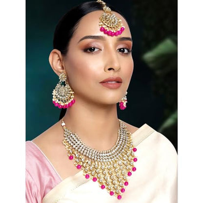 Aheli Elegant Indian Wedding Wear Faux Kundan Studded Choker Necklace with Maang Tikka Set Ethnic Fashion Jewelry for Women Maroon Kundan & Pearl Drop - color: Rani Pink