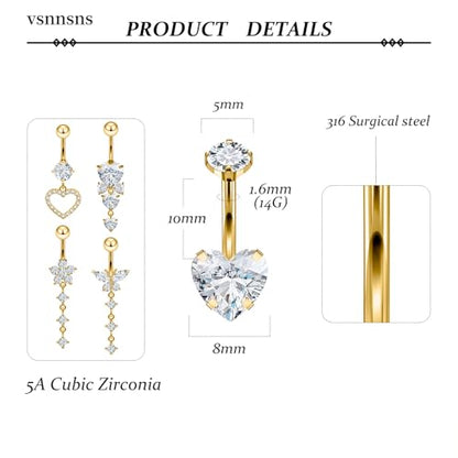 Vsnnsns 14G Dangle Belly Button Ring Piercing Jewelry 316L Stainless Surgical Steel Snake Heart Butterfly Flower Diamond CZ Navel Rings Dangling Belly Button Ring Piercing Jewelry for Women 14 Gauge - color: Gold-Clear CZ
