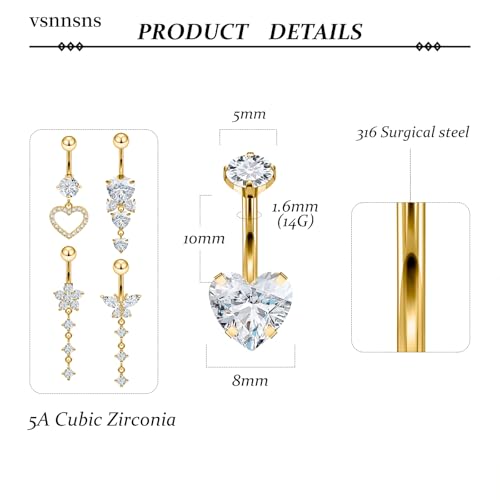 Vsnnsns 14G Dangle Belly Button Ring Piercing Jewelry 316L Stainless Surgical Steel Snake Heart Butterfly Flower Diamond CZ Navel Rings Dangling Belly Button Ring Piercing Jewelry for Women 14 Gauge - color: Gold-Clear CZ