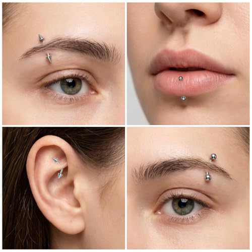 10 Pcs Eyebrow Piercing Jewelry Set – 16 g Surgical Steel Curved Barbell, Silver Vertical Labret Lip Jewelry, Tiny Eyebrow Rings Ear Rook Navel Small Belly-Button Ring for Women Men