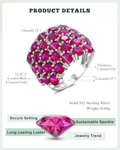 925 Sterling Silver Pave Birthstone Chunky Statement Rings for Women Men | 14K Gold Plated/Silver Large Dome Ring Birthday Cocktail Jewelry,Size 6 to 10(with Gift Box) - color: 07-Created Ruby-Jul.