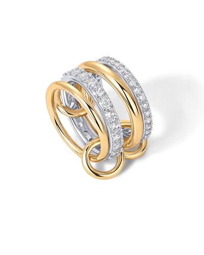 PAVOI 14K Gold Plated Interlocked Stackable Rings for Women - Statement Mixed Metals Multi Ring Stack - Cubic Zirconia Two-Toned Connected Bands Stacking Jewelry - style: Thick Bands & CZ - Two Toned