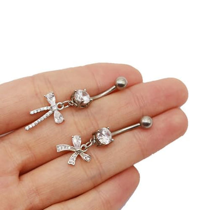 14G CZ Bowknot Dangle Belly Button Rings for Women 316L Surgical Steel Cubic Zirconia Crystal Bow Dangling Belly Navel Rings Silver Curved Barbell Navel Piercing Jewelry