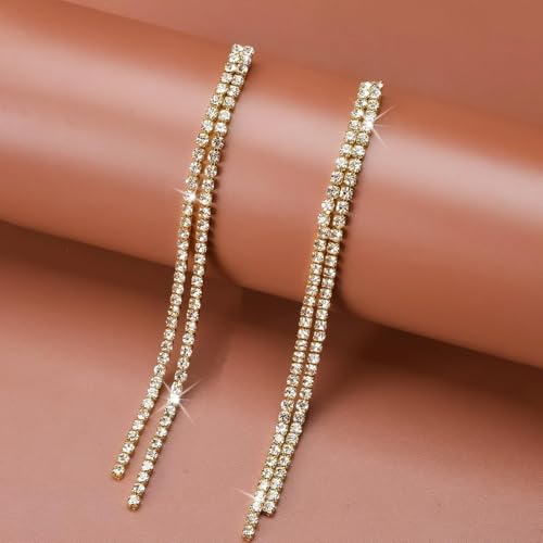 Rhinestone Earrings Prom Earrings for Women Sparkly Long Tassel Chandelier Drop Statement Earring Jewerly Gifts Wedding Party Prom Dresses Accessories - color: C2:gold