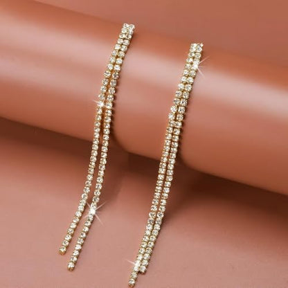 Rhinestone Earrings Prom Earrings for Women Sparkly Long Tassel Chandelier Drop Statement Earring Jewerly Gifts Wedding Party Prom Dresses Accessories - color: C2:gold