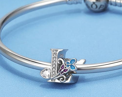 S925 Silver Butterfly Initial Letter Charms Fit for Pandora Charms Bracelets and Necklace Alphabet Bead Charms Jewelry Gifts for Women - color: L