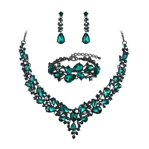 Wedding Bridal Jewelry Set for Women Bride Bridesmaids | Gorgeous Austrian Crystal Teardrop Cluster Statement Necklace Dangle Earrings Link Bracelet Set Prom Jewellery - color: 19-Emerald Color Black-Tone