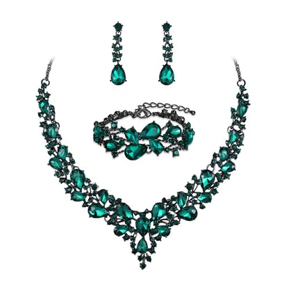 Wedding Bridal Jewelry Set for Women Bride Bridesmaids | Gorgeous Austrian Crystal Teardrop Cluster Statement Necklace Dangle Earrings Link Bracelet Set Prom Jewellery - color: 19-Emerald Color Black-Tone