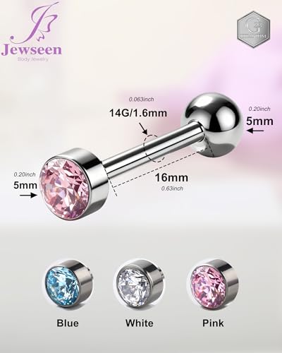 Jewseen ASTM F136 Hypoallergenic Titanium Super Light Tongue Ring Cute Crystal Internally Threaded 14G 16mm Piercing Jewelry-TIMELESS COLLECTION - color: Classic Clear