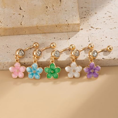 Flower Belly Button Ring for Women 14K Gold Plated Cubic Zirconia Navel Piercing Jewelry Stainless Steel CZ Crystal Charm Belly Ring Hypoallergenic Belly Bar for Women - color: White