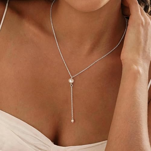 Pearl Necklace for Women, Dainty Pearls Choker Necklace for Women 14K Gold Plated Layered Pendant Necklace Handmade Gold Chain Necklace Everyday Jewelry Gift - color: Y Two Pearls-Silver
