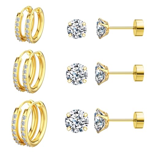 5 Pairs Huggie Hoop Earrings, Cubic Zirconia 14K Gold-Plated 316L Surgical Steel, Hypoallergenic Lightweight Design for Women & Men Cartilage & Multi-Piercing Stacking(13-21mm) - color: L+gold