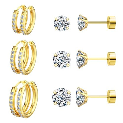 5 Pairs Huggie Hoop Earrings, Cubic Zirconia 14K Gold-Plated 316L Surgical Steel, Hypoallergenic Lightweight Design for Women & Men Cartilage & Multi-Piercing Stacking(13-21mm) - color: L+gold
