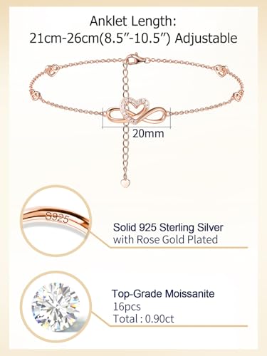 Moissanite Infinity Anklet for Women, Real Authentic 925 Sterling Silver Hypoallergenic, Beautiful Summer Jewelry, Dainty Ankle Bracelet, 8.6-10.6inch (21-26cm) Adjustable - color: Romantic Heart - Rose Gold