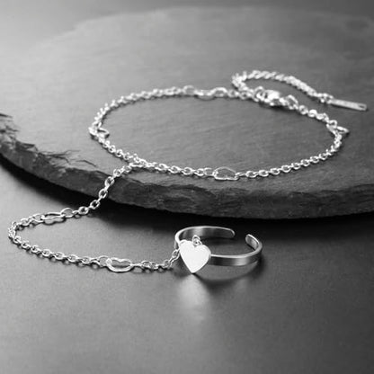 UNIFT Hand Chain Bracelets for Women Set Stainless Steel Adjustable Heart or Four-Leaf Clover Ring Chain Bracelet Trendy Dainty Jewelry Set Gifts - color: silver 1