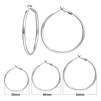 3 Pairs Sterling Silver Large Hoop Earrings Set for Women 40 50 60MM | 14K White Gold Plated, Hypoallergenic - style: F:Silver 30mm 40mm 50mm