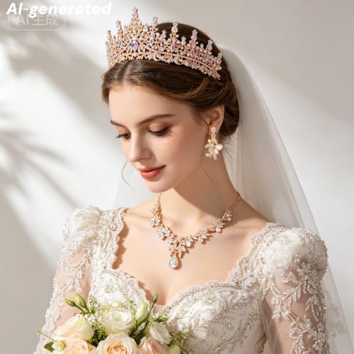Kamirola Tiaras and Crowns for Women,Tiaras Earrings Necklace, Crystal Bridal Jewelry Set, Costume Jewelry for Women Party Halloween Prom Pageant - color: GOLD AB 2