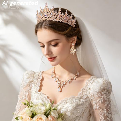 Kamirola Tiaras and Crowns for Women,Tiaras Earrings Necklace, Crystal Bridal Jewelry Set, Costume Jewelry for Women Party Halloween Prom Pageant - color: GOLD AB 2