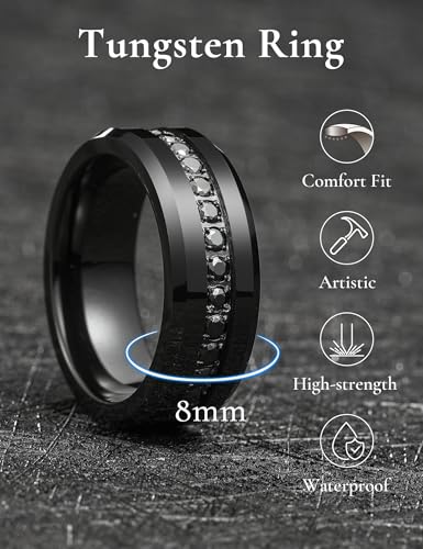 King Will 8mm Tungsten Carbide Rings for Men Cubic Zircon Stones Inlay - color: Black-Black Gemstones 8mm